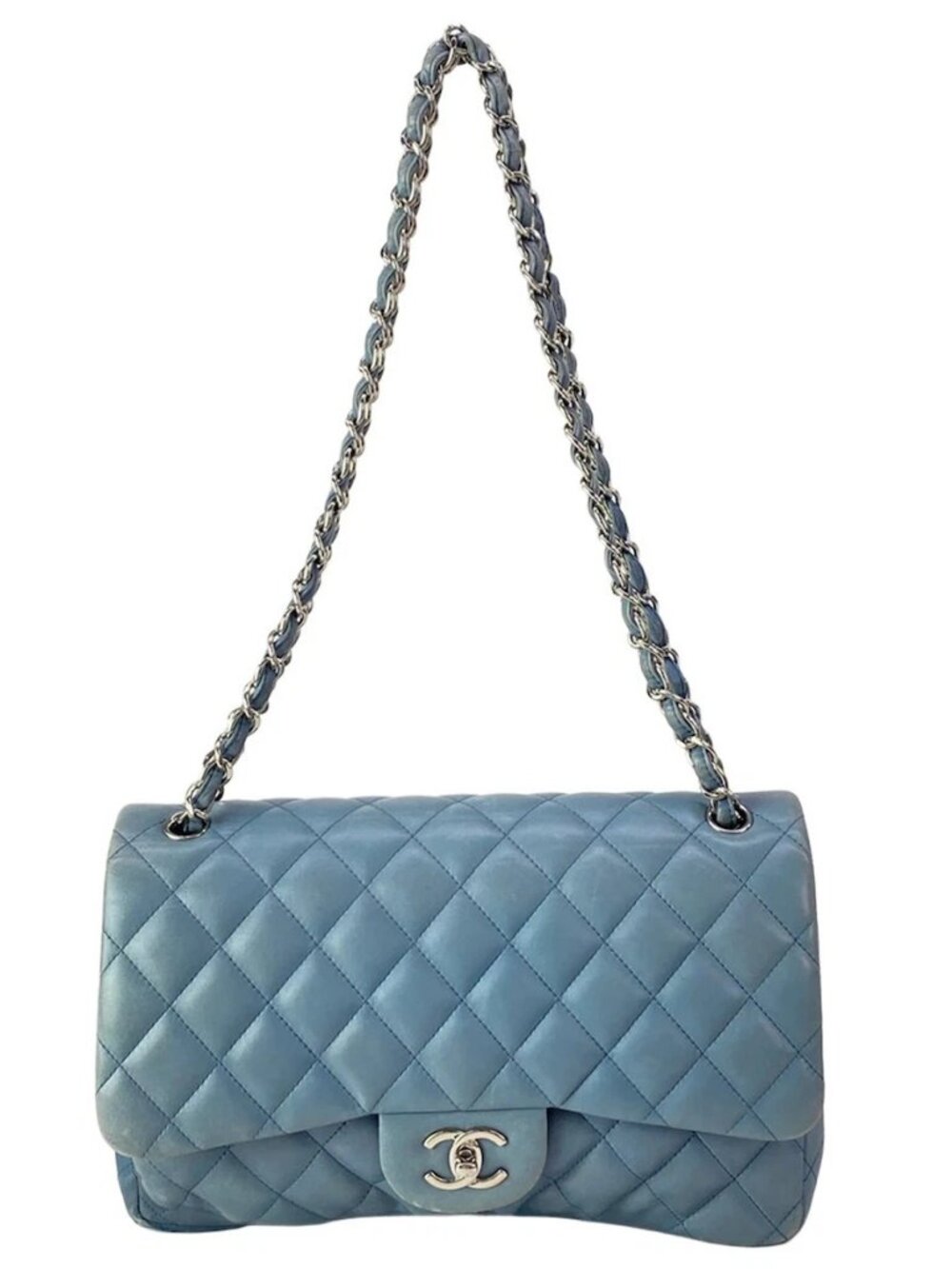 CHANEL Large Matelasse Blue Lambskin Shoulder Bag